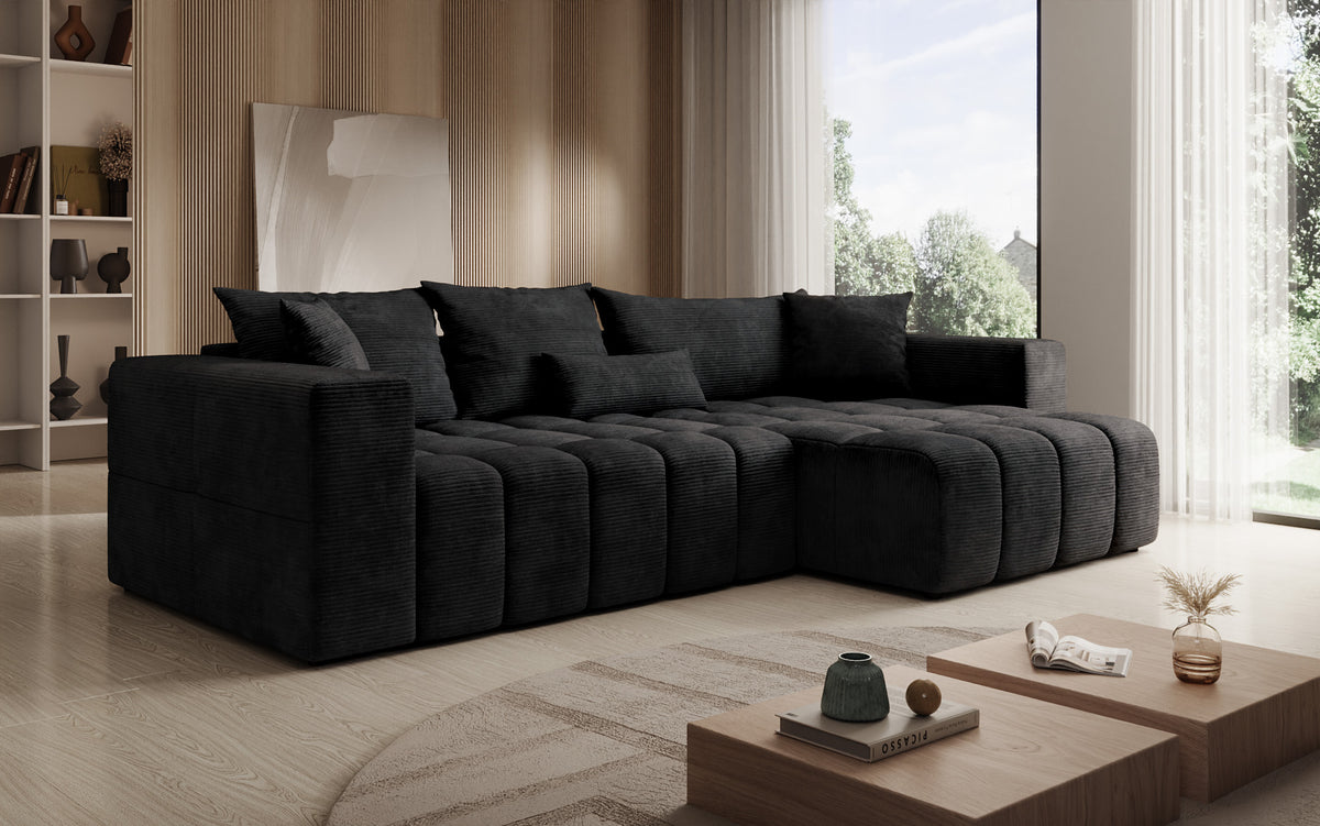 Canapé d’angle design Momo avec fonction couchage et rabattable en Côtelé