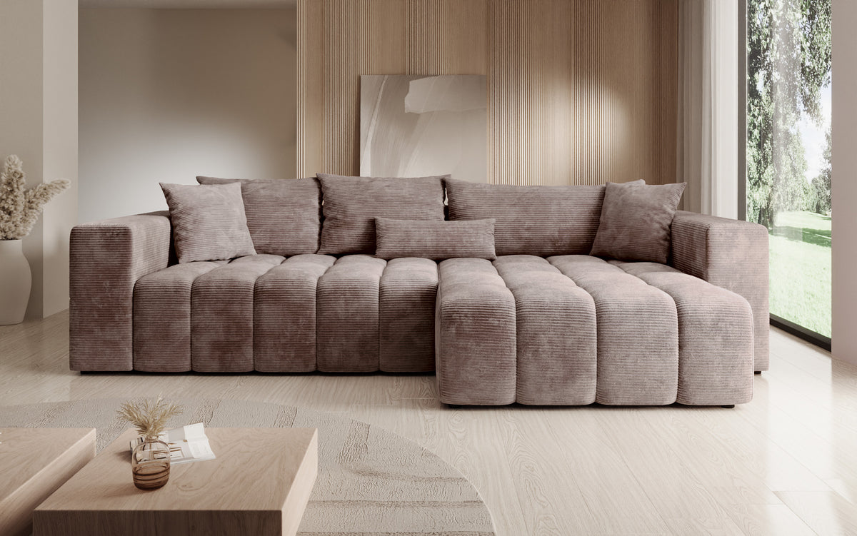 Canapé d’angle design Momo avec fonction couchage et rabattable en Côtelé