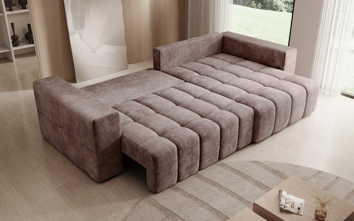 Canapé d’angle design Momo avec fonction couchage et rabattable en Côtelé