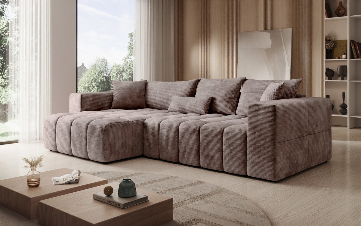Canapé d’angle design Momo avec fonction couchage et rabattable en Côtelé