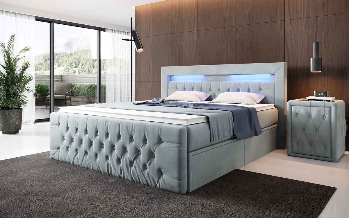 Lit boxspring Menzogna Velours avec LED et espace de rangement (2 tiroirs)