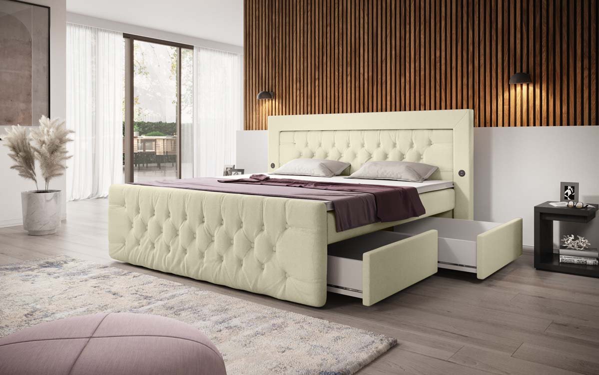 Diva Bouclé Boxspring Bed with USB, LED, and 2 Drawers