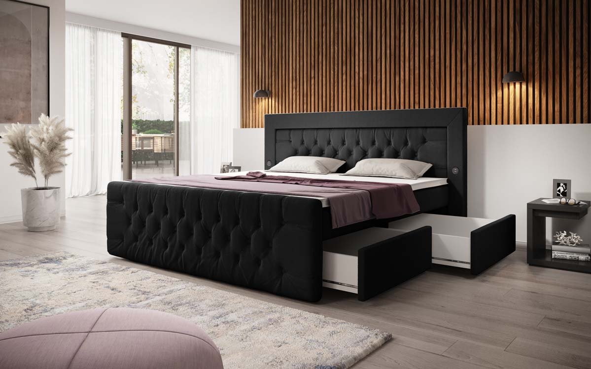 Diva Bouclé Boxspring Bed with USB, LED, and 2 Drawers
