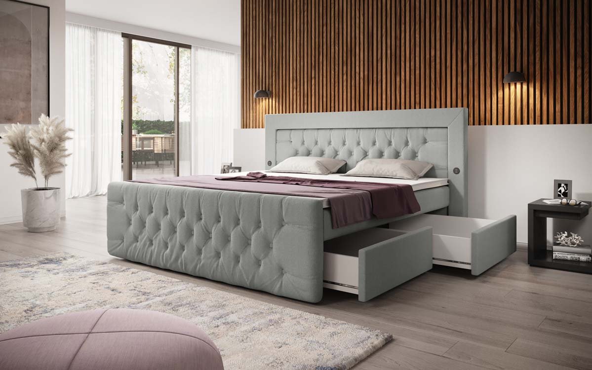 Diva Bouclé Boxspring Bed with USB, LED, and 2 Drawers