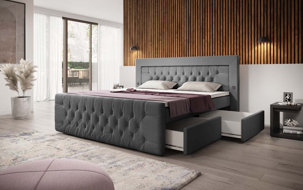 Diva Bouclé Boxspring Bed with USB, LED, and 2 Drawers