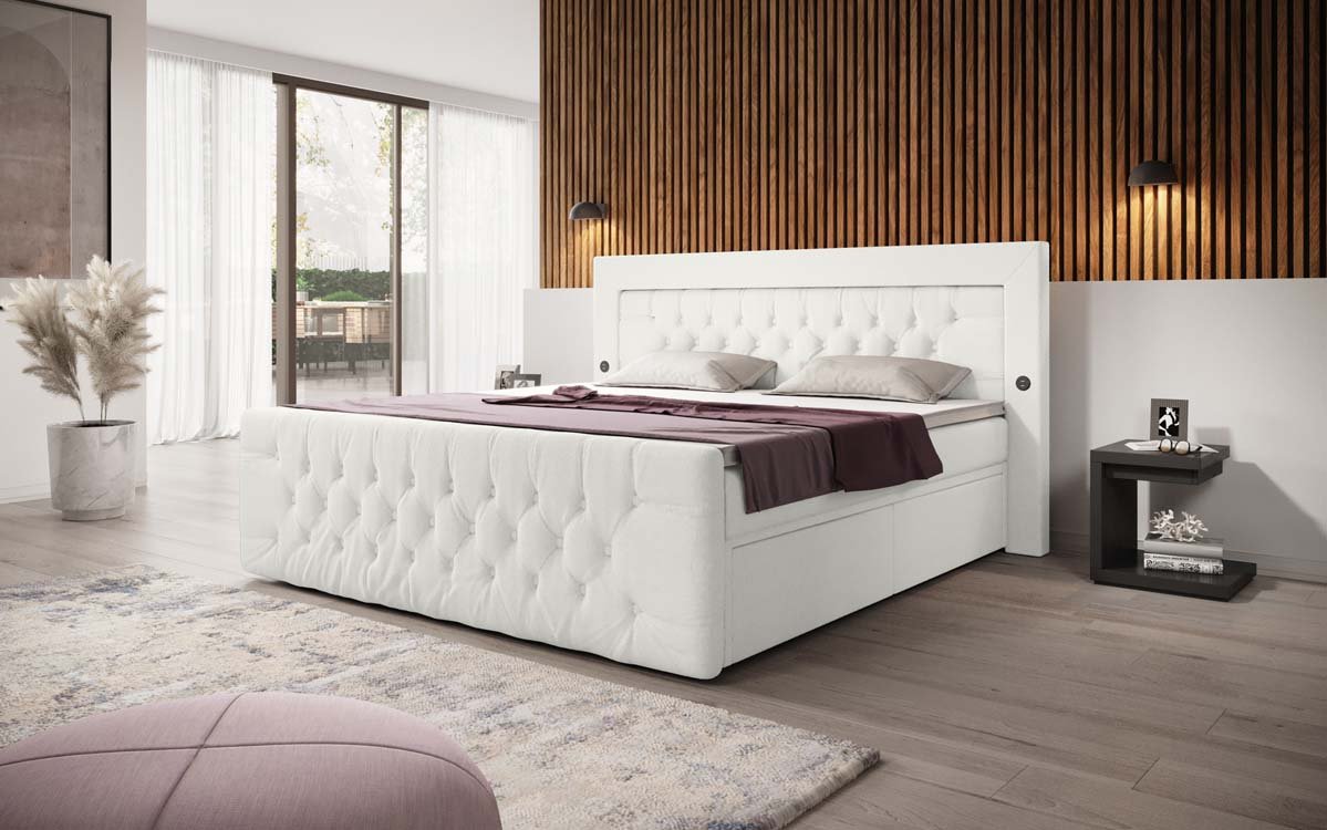Diva Bouclé Boxspring Bed with USB, LED, and 2 Drawers