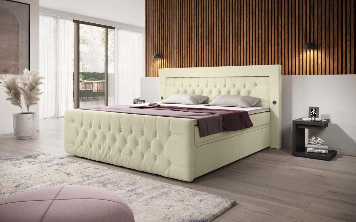 Diva Bouclé Boxspring Bed with USB, LED, and 2 Drawers