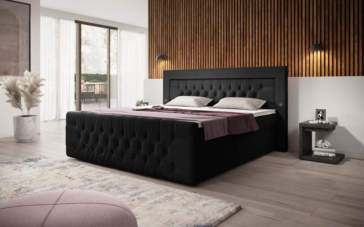 Diva Bouclé Boxspring Bed with USB, LED, and 2 Drawers