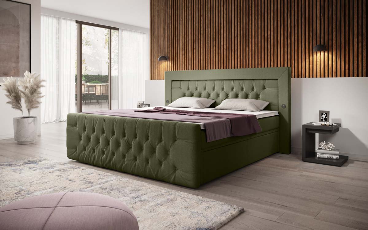 Diva Bouclé Boxspring Bed with USB, LED, and 2 Drawers