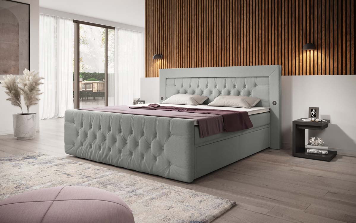 Diva Bouclé Boxspring Bed with USB, LED, and 2 Drawers
