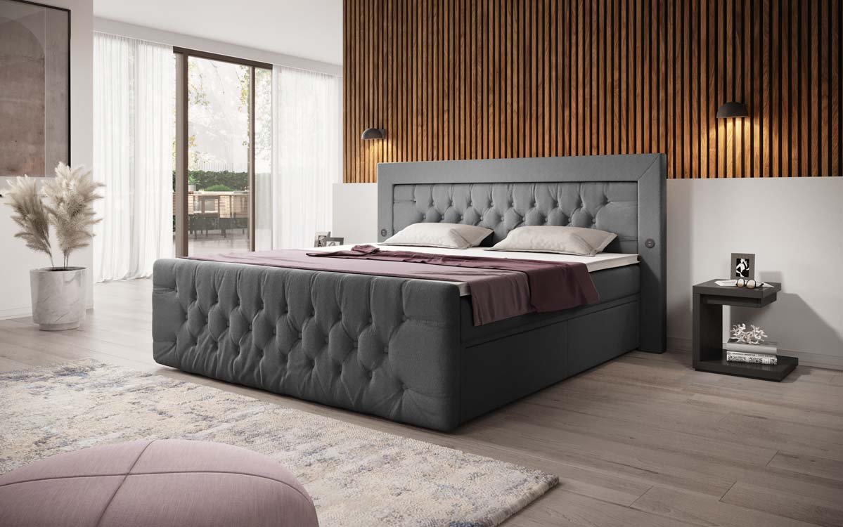 Diva Bouclé Boxspring Bed with USB, LED, and 2 Drawers