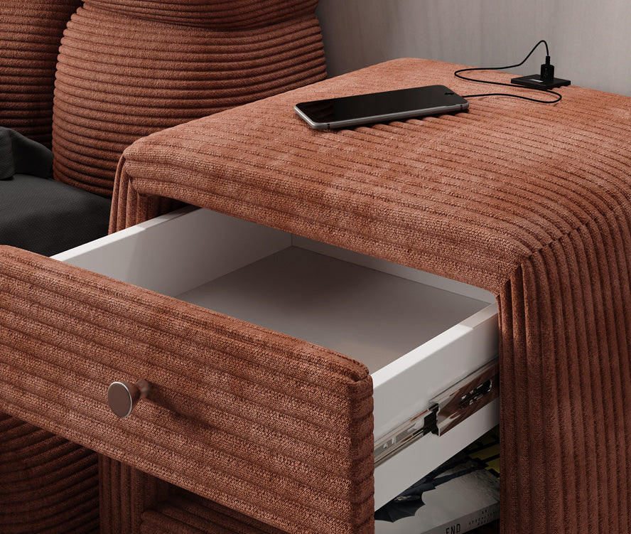 Table de nuit design Lilly avec connexion USB en Côtelé