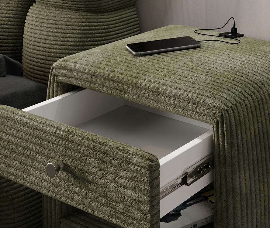 Table de nuit design Lilly avec connexion USB en Côtelé