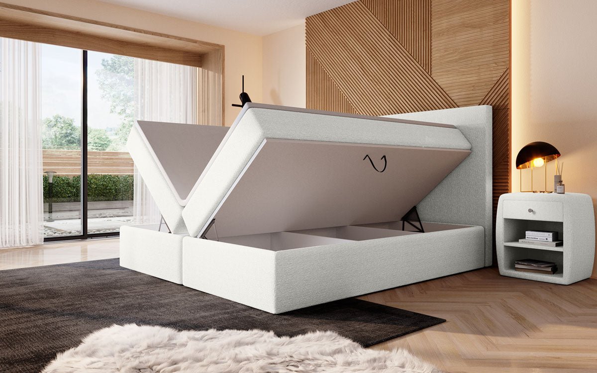 Lit boxspring Sejour Bouclé avec LED et espace de rangement