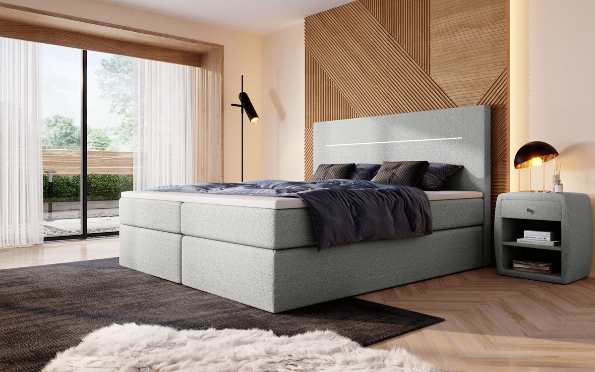 Lit boxspring Sejour Bouclé avec LED et espace de rangement