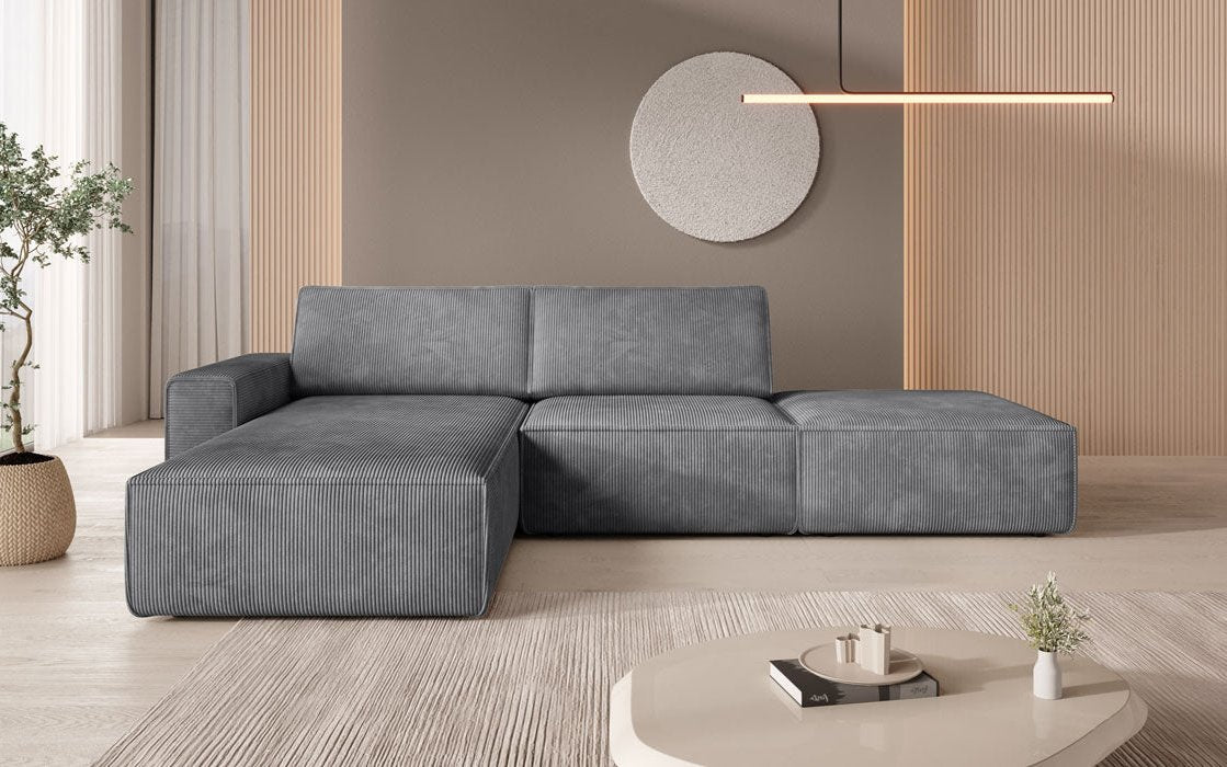 Canapé d'angle modulaire Yuma avec tabouret d'appoint en velours côtelé