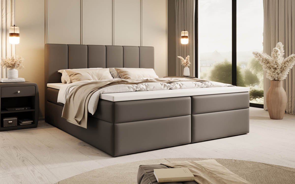 Lit à sommier tapissier Aurelia en cuir artificiel avec espace de rangement