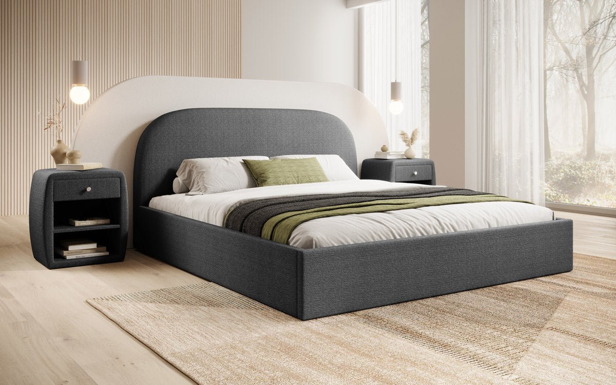 Lit design rembourré Lorelei en bouclé avec espace de rangement