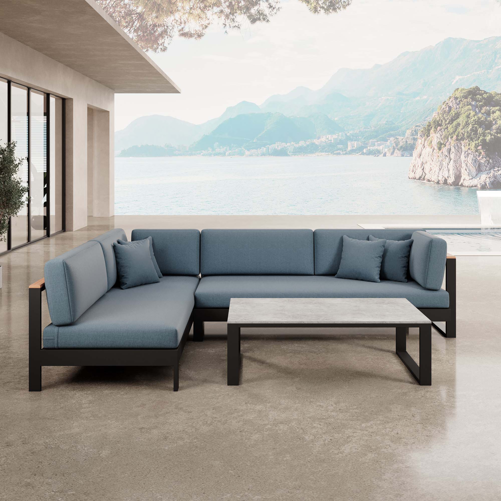 Vayla – Salon d'angle, canapé d'angle et table en aluminium noir | Collection Aevora™
