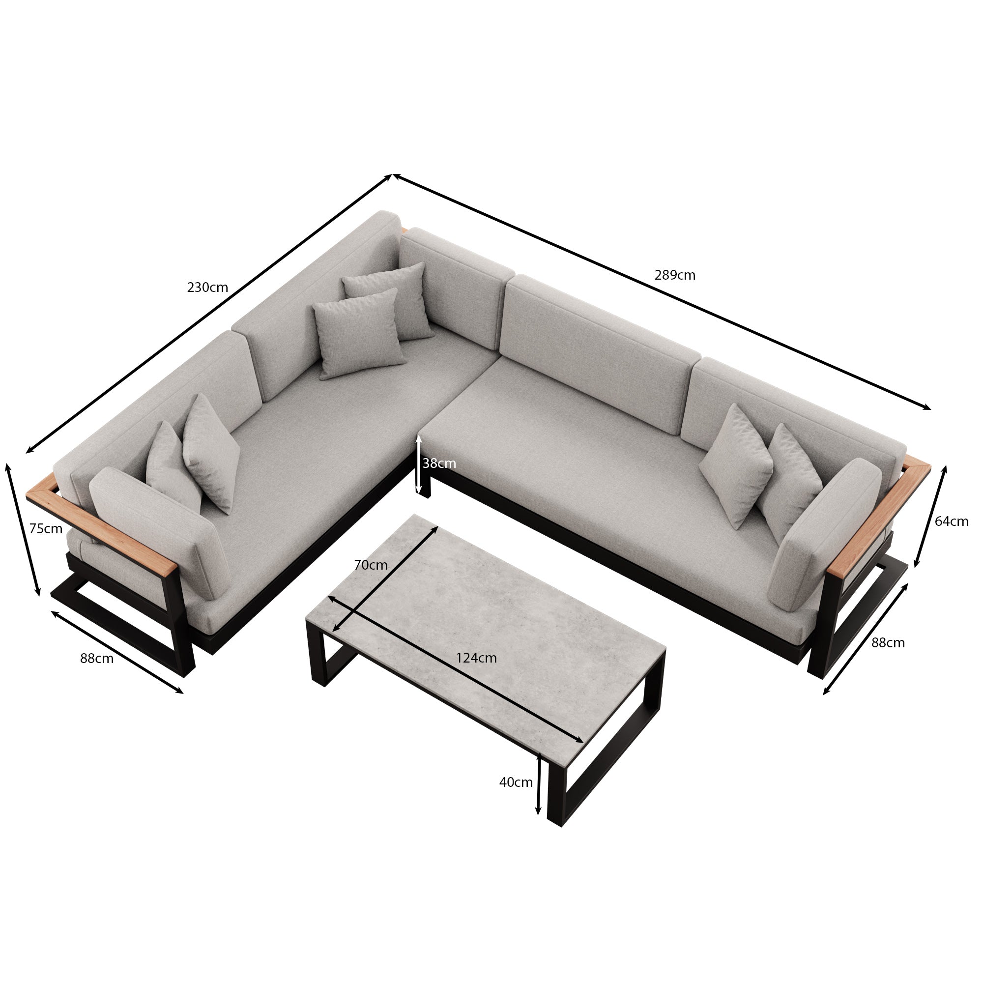 Vayla – Canapé et table d'extérieur L-Form en aluminium noir | Collection Aevora™