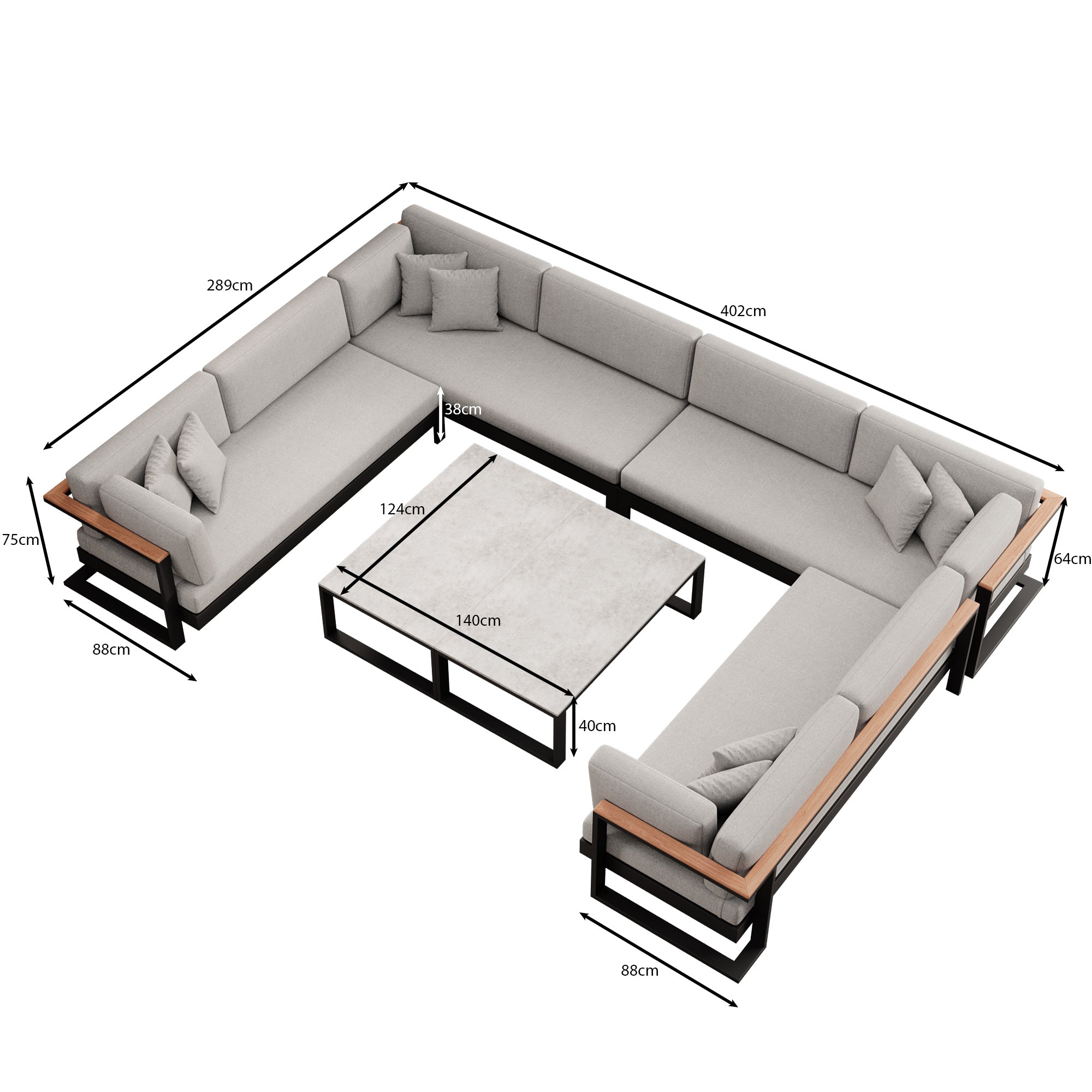 Vayla – Canapé d'angle en U avec table en aluminium noir | Collection Aevora™