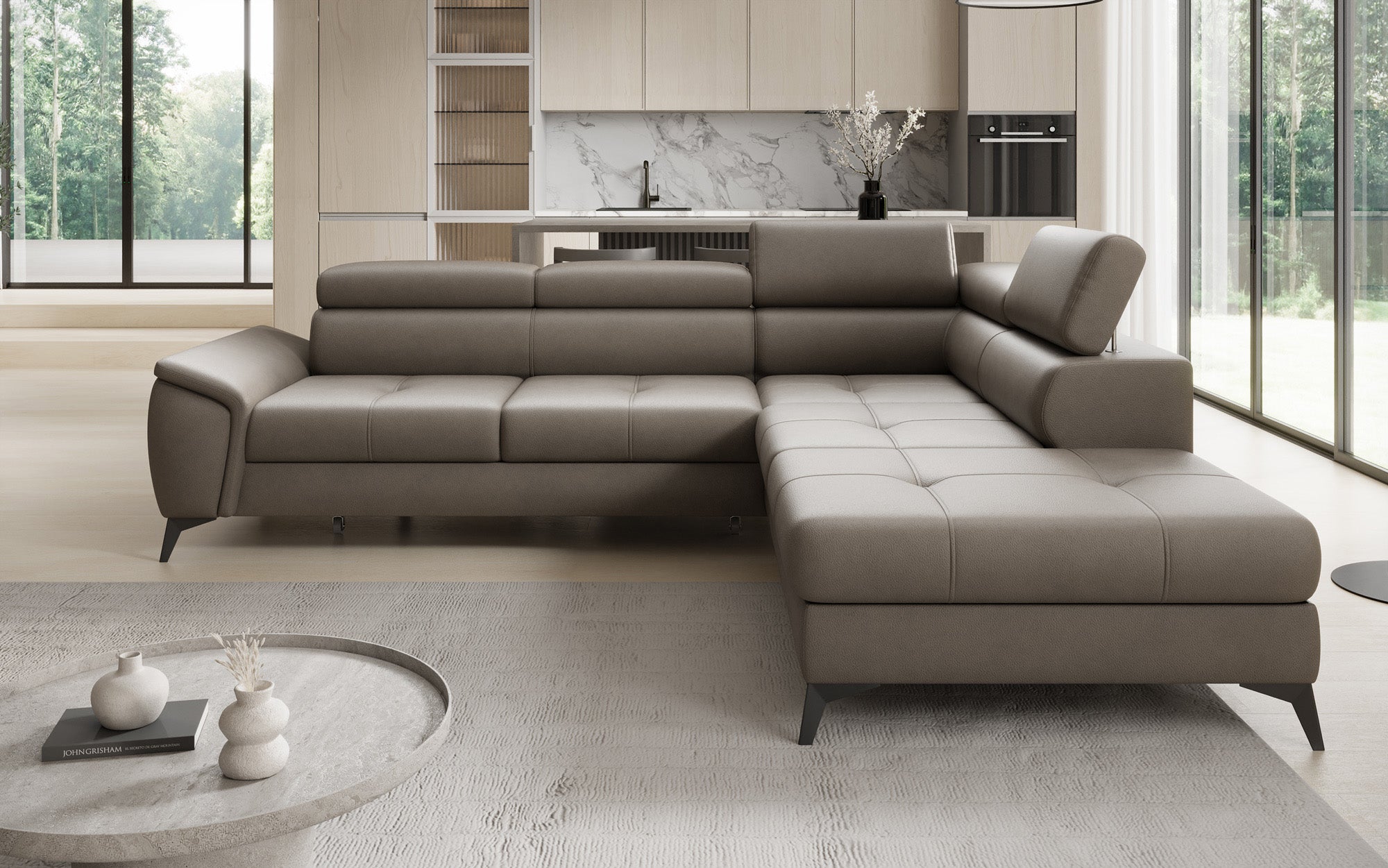 Canapé d'angle L Aveline avec fonction couchage et rangement en cuir véritable