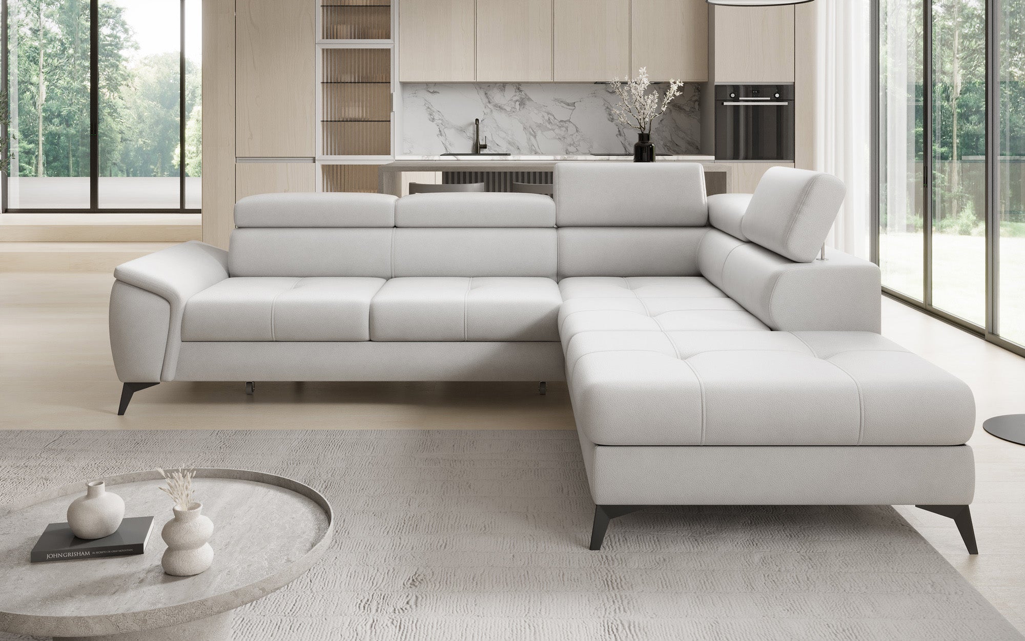 Canapé d'angle L Aveline avec fonction couchage et rangement en cuir véritable
