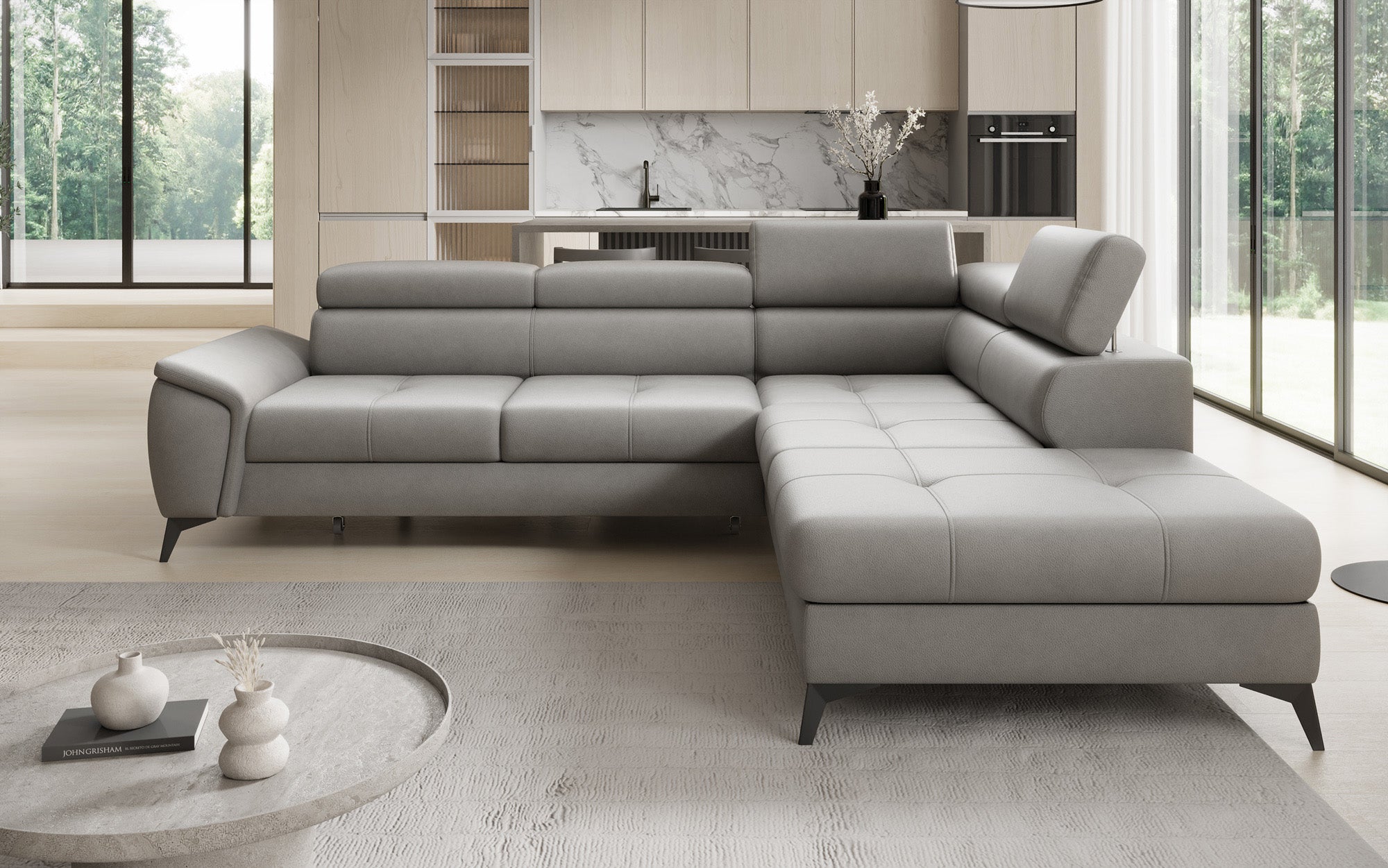Canapé d'angle L Aveline avec fonction couchage et rangement en cuir véritable