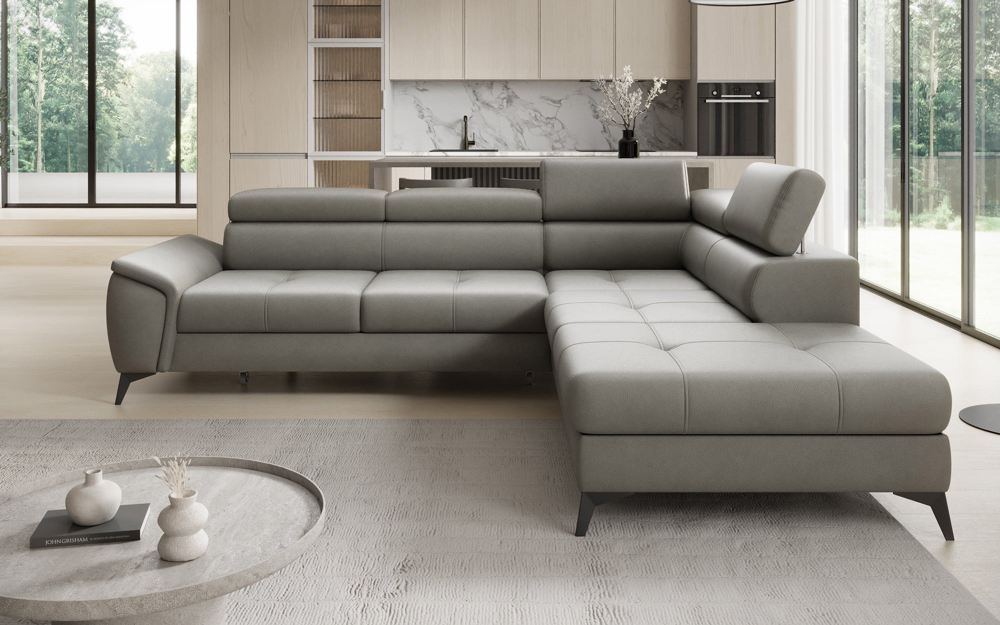 Canapé d'angle L Aveline avec fonction couchage et rangement en cuir véritable