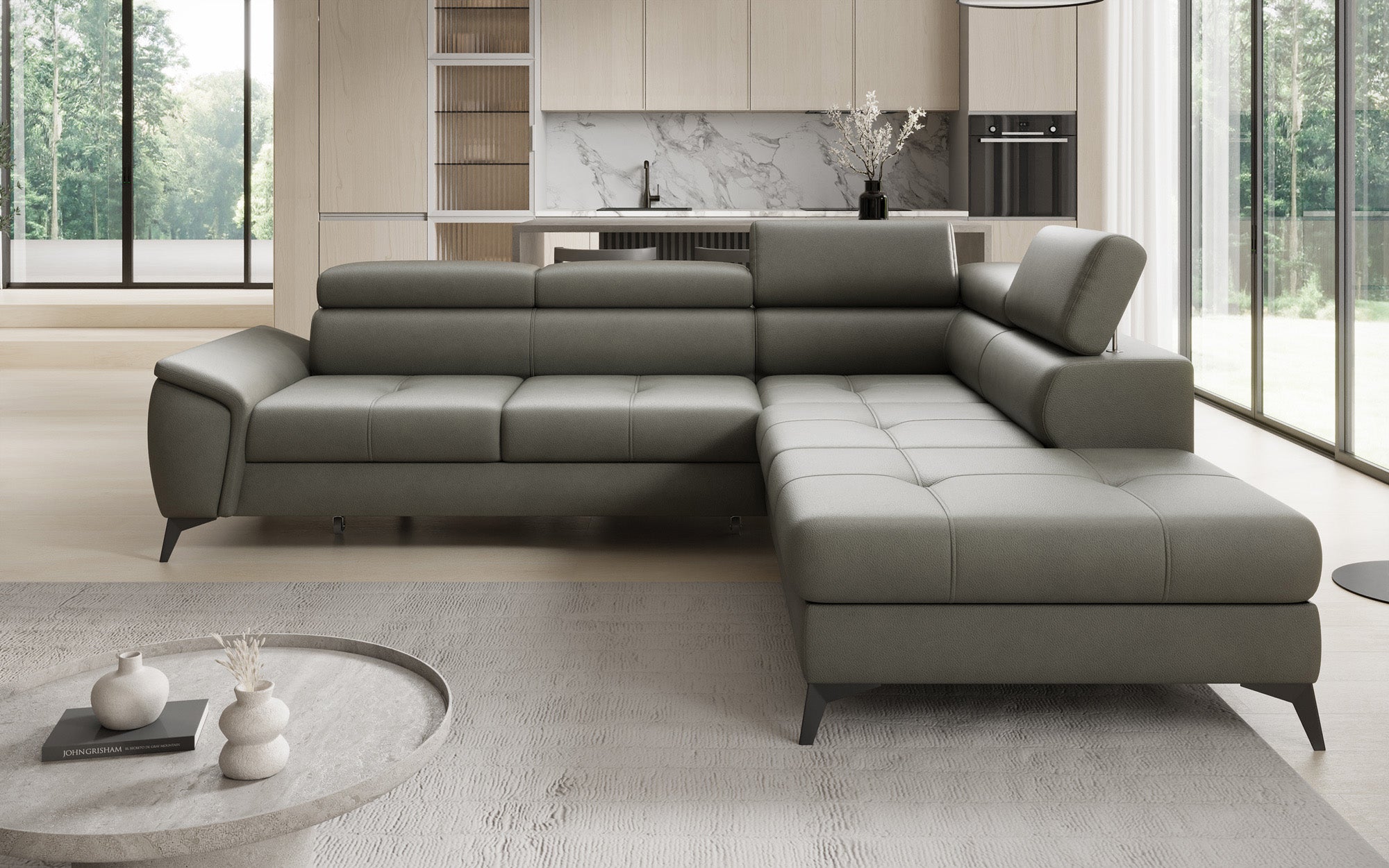 Canapé d'angle L Aveline avec fonction couchage et rangement en cuir véritable