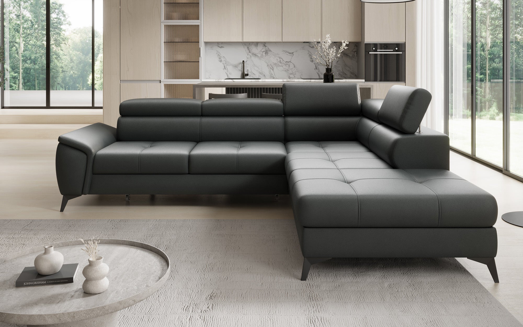 Canapé d'angle L Aveline avec fonction couchage et rangement en cuir véritable