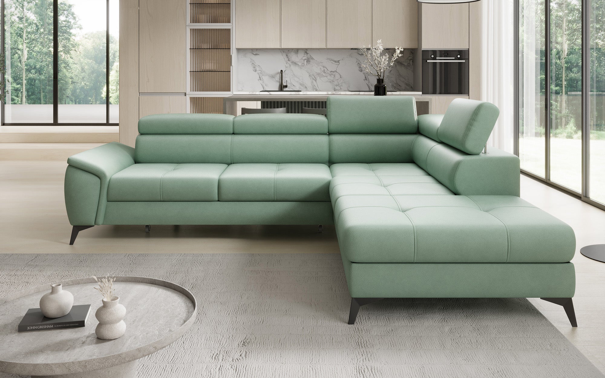 Canapé d'angle L Aveline avec fonction couchage et rangement en cuir véritable