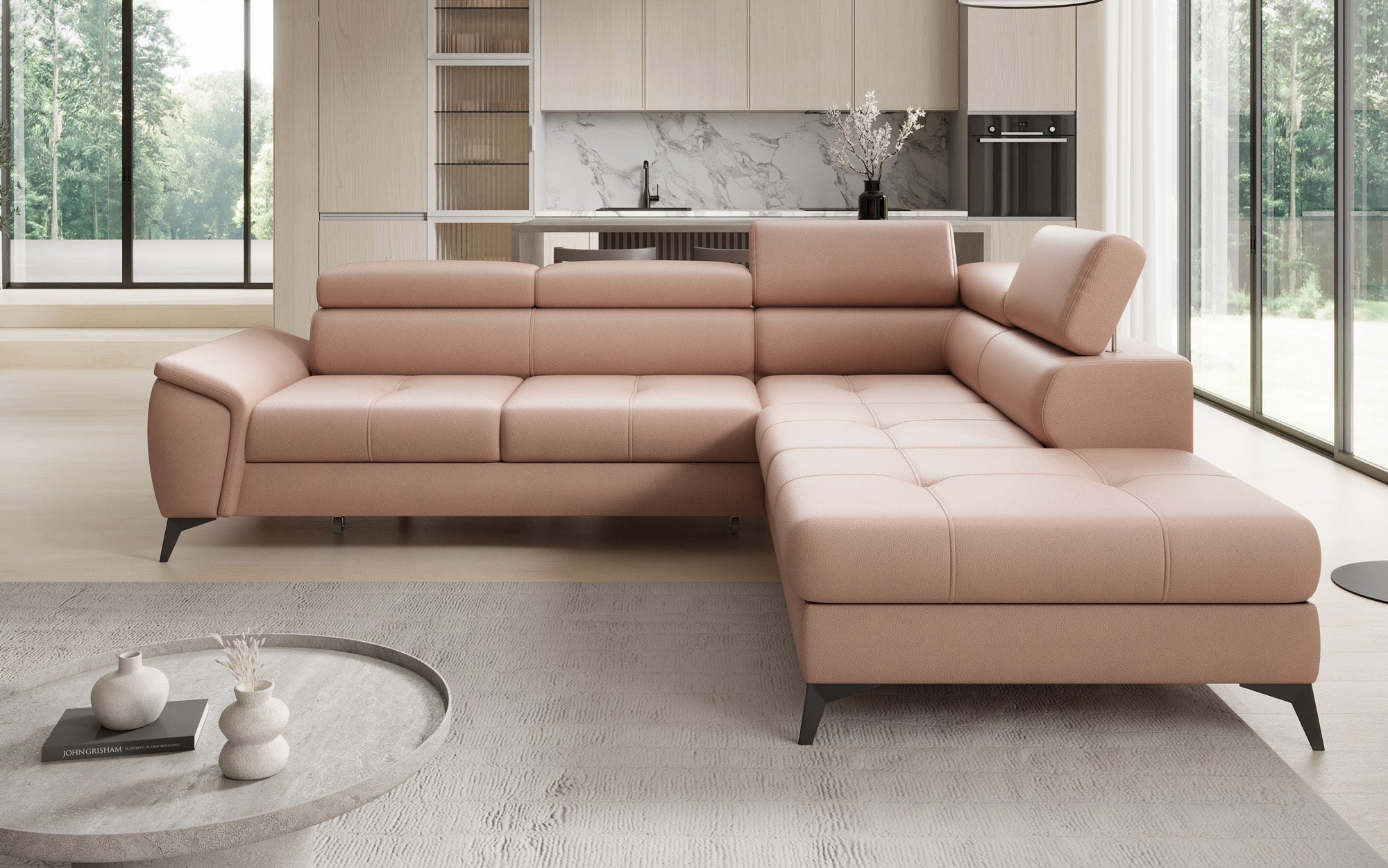 Canapé d'angle L Aveline avec fonction couchage et rangement en cuir véritable