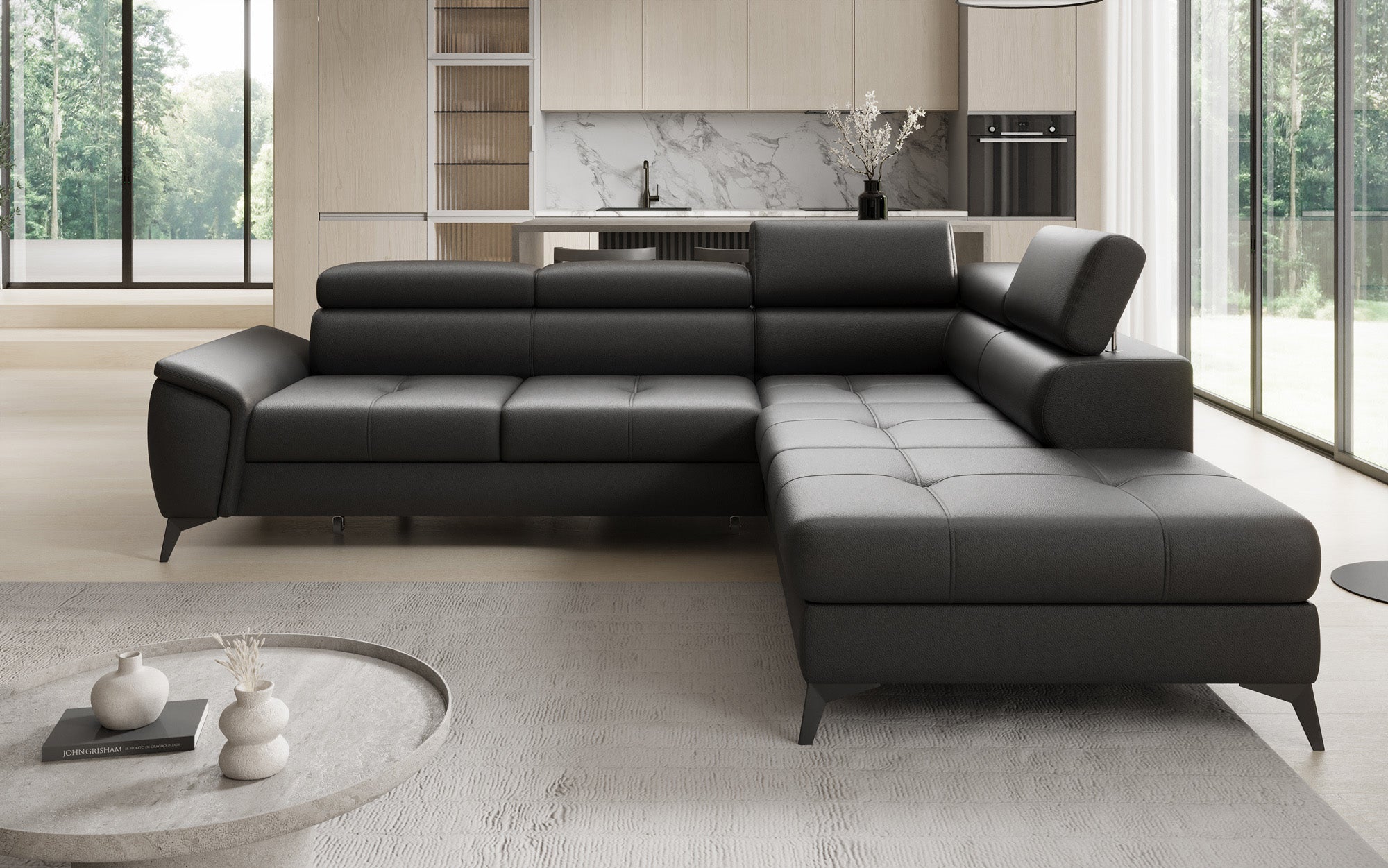 Canapé d'angle L Aveline avec fonction couchage et rangement en cuir véritable