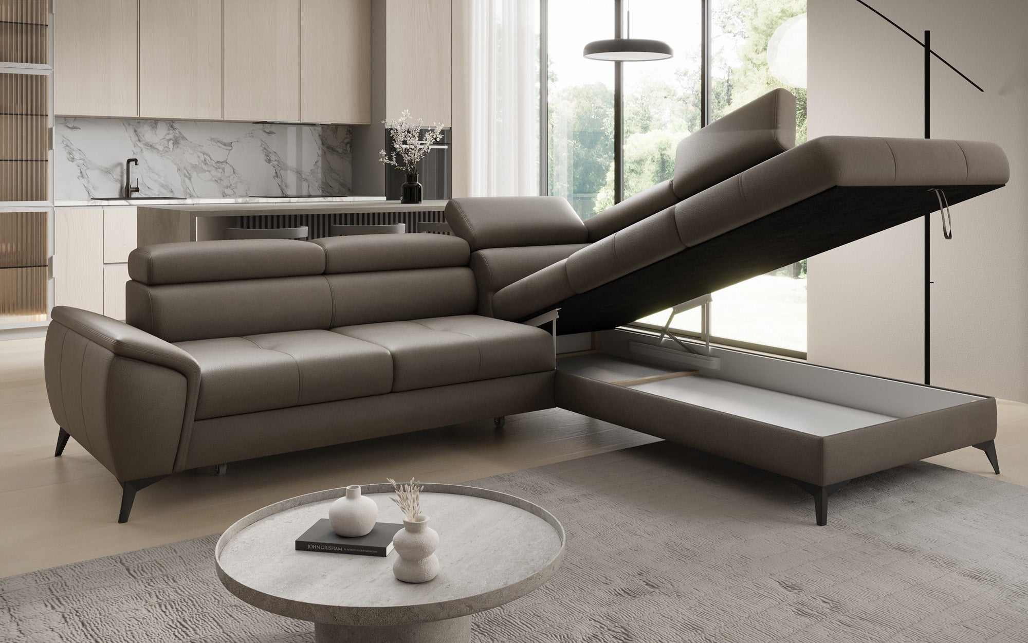 Canapé d'angle L Aveline avec fonction couchage et rangement en cuir véritable
