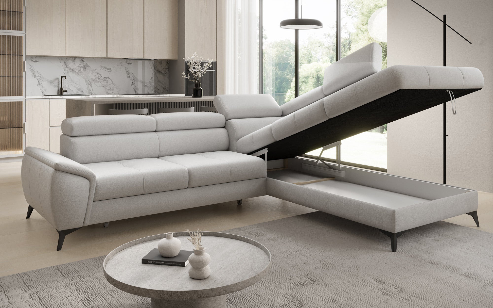 Canapé d'angle L Aveline avec fonction couchage et rangement en cuir véritable
