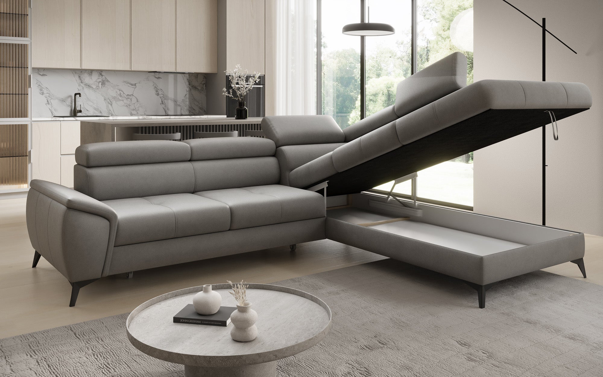 Canapé d'angle L Aveline avec fonction couchage et rangement en cuir véritable
