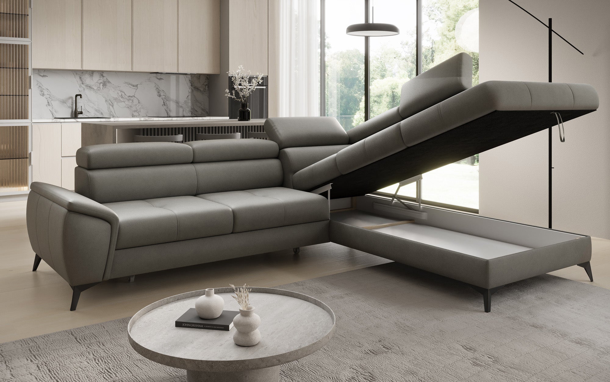 Canapé d'angle L Aveline avec fonction couchage et rangement en cuir véritable