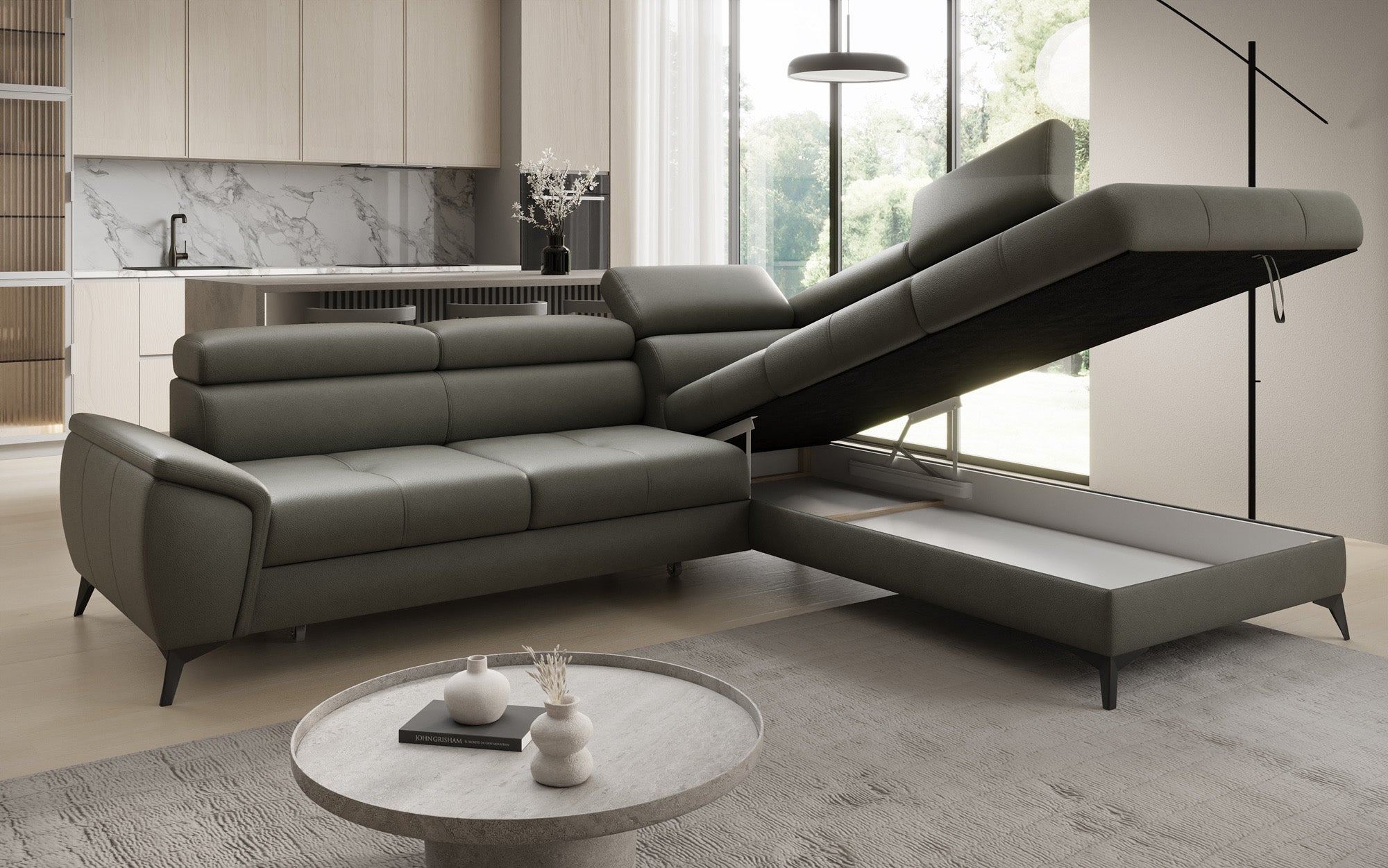 Canapé d'angle L Aveline avec fonction couchage et rangement en cuir véritable