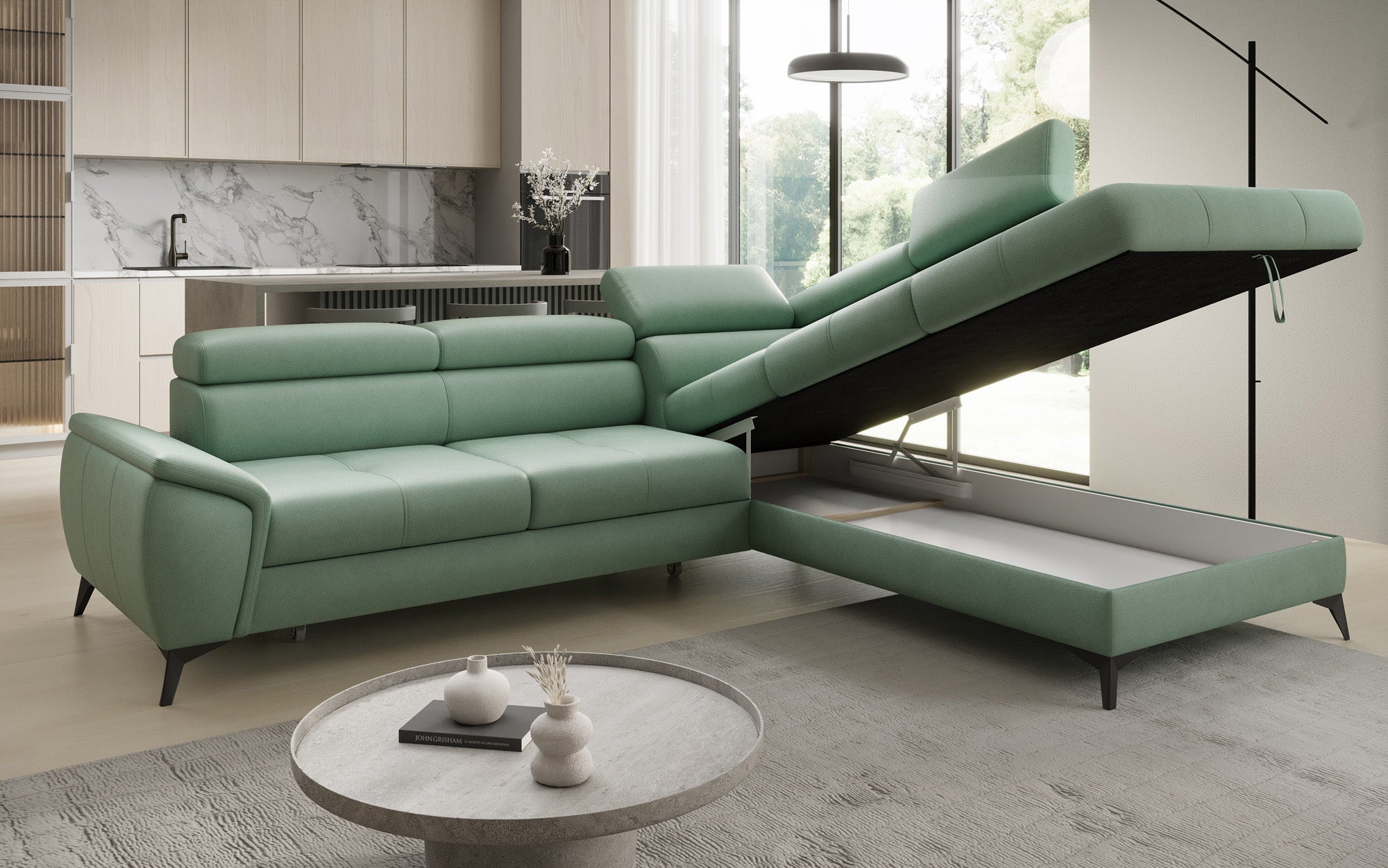 Canapé d'angle L Aveline avec fonction couchage et rangement en cuir véritable