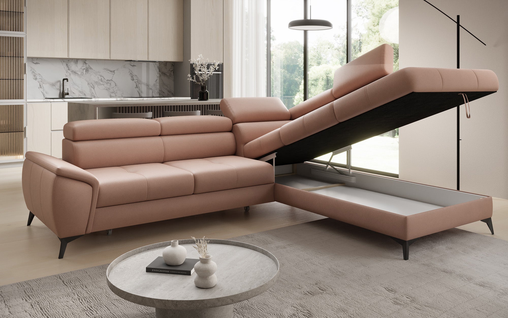 Canapé d'angle L Aveline avec fonction couchage et rangement en cuir véritable
