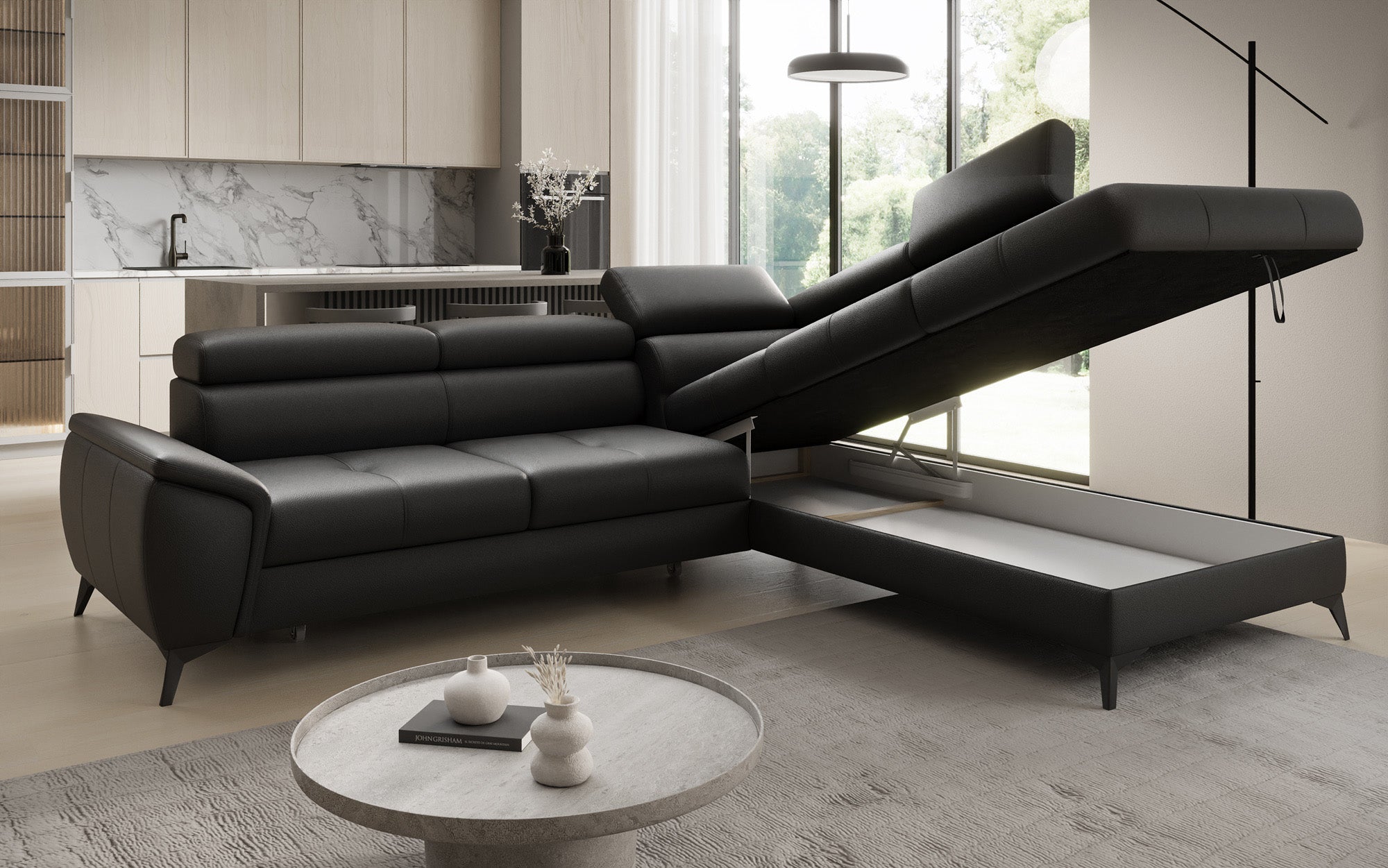 Canapé d'angle L Aveline avec fonction couchage et rangement en cuir véritable