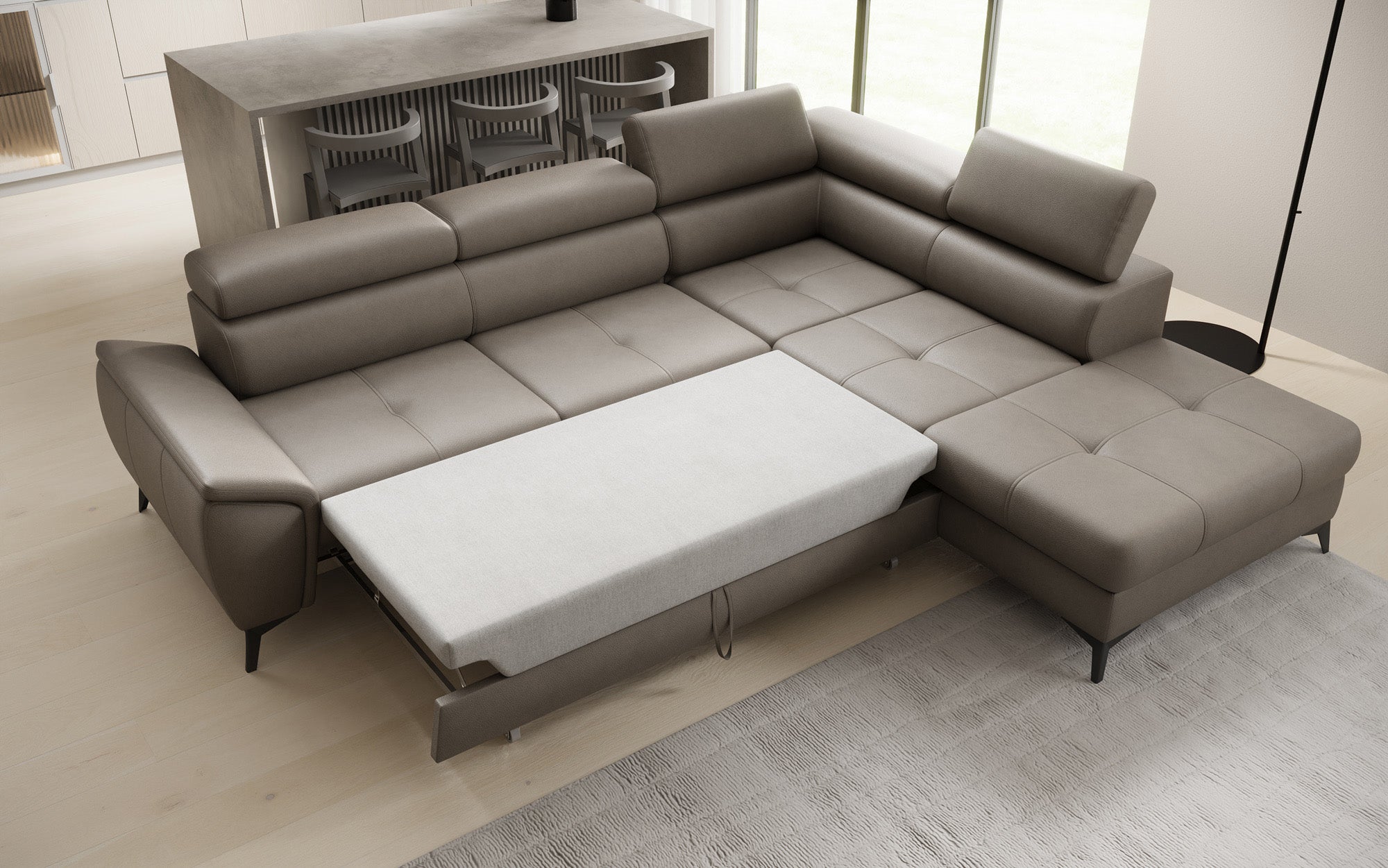 Canapé d'angle L Aveline avec fonction couchage et rangement en cuir véritable