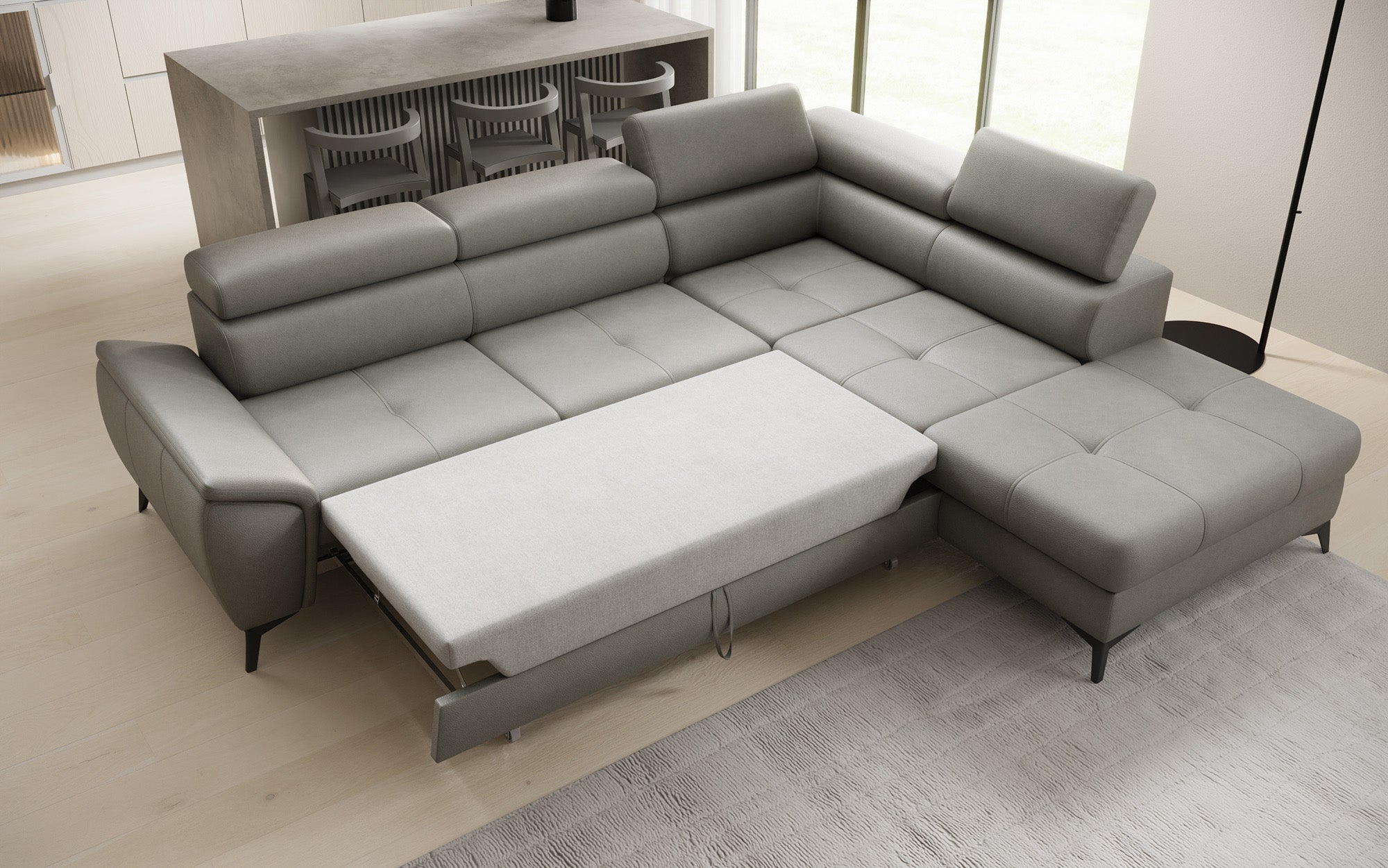 Canapé d'angle L Aveline avec fonction couchage et rangement en cuir véritable