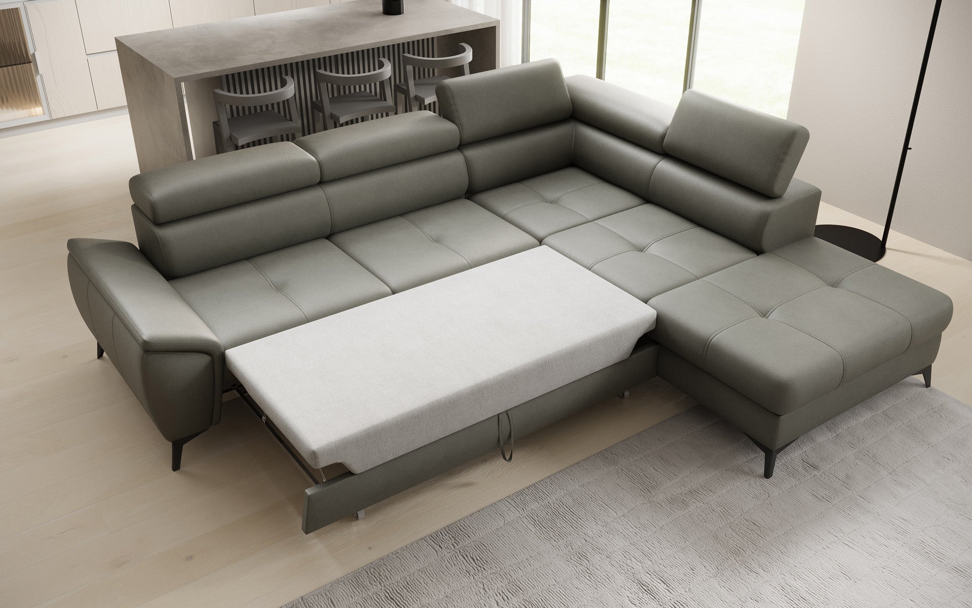 Canapé d'angle L Aveline avec fonction couchage et rangement en cuir véritable