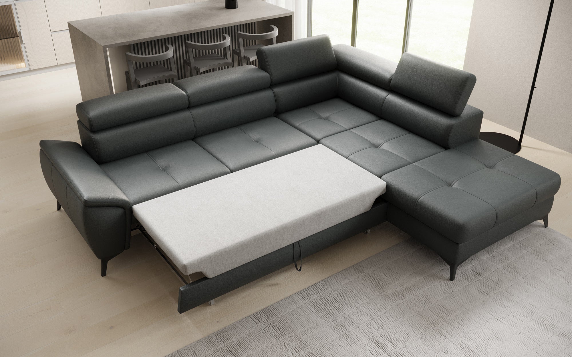 Canapé d'angle L Aveline avec fonction couchage et rangement en cuir véritable