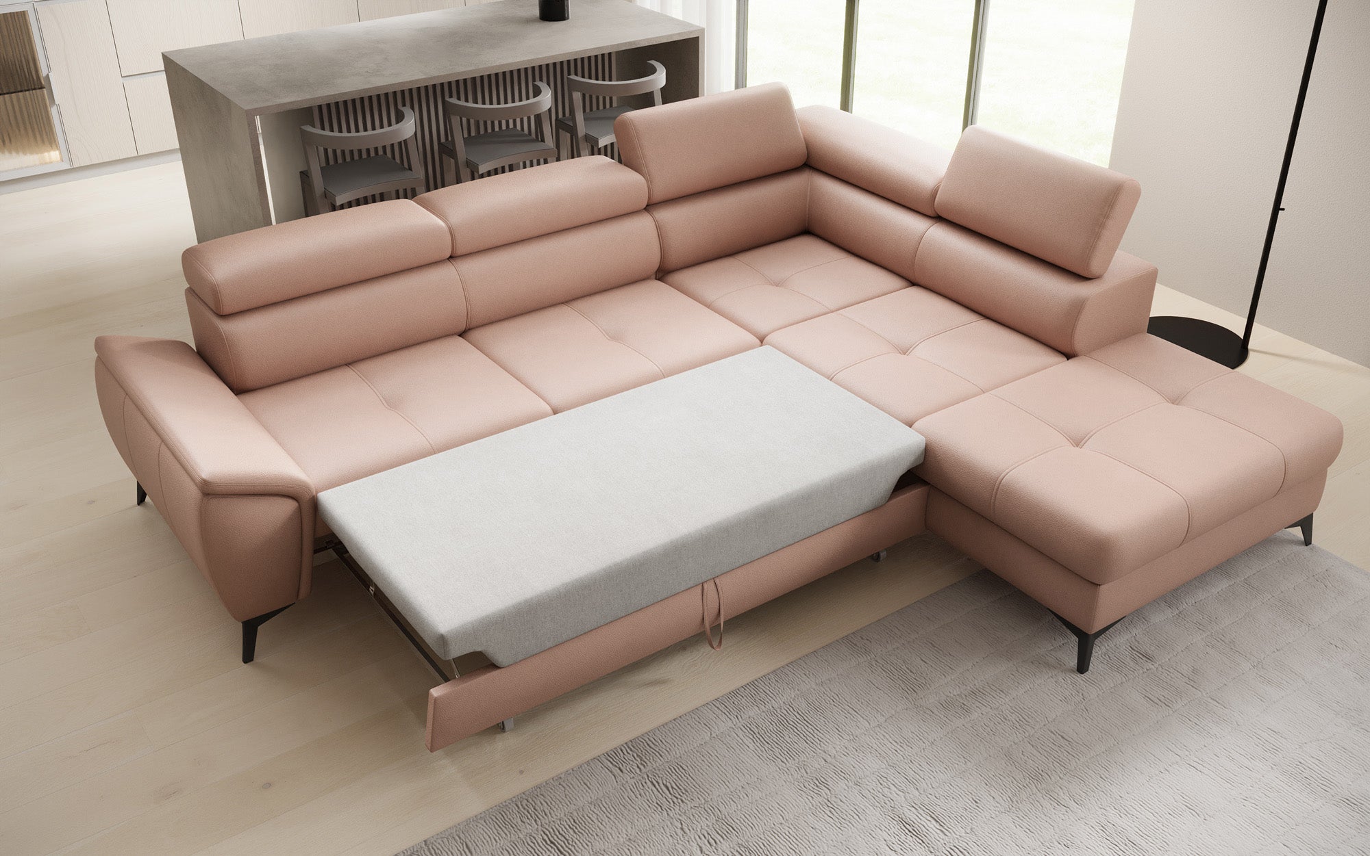 Canapé d'angle L Aveline avec fonction couchage et rangement en cuir véritable