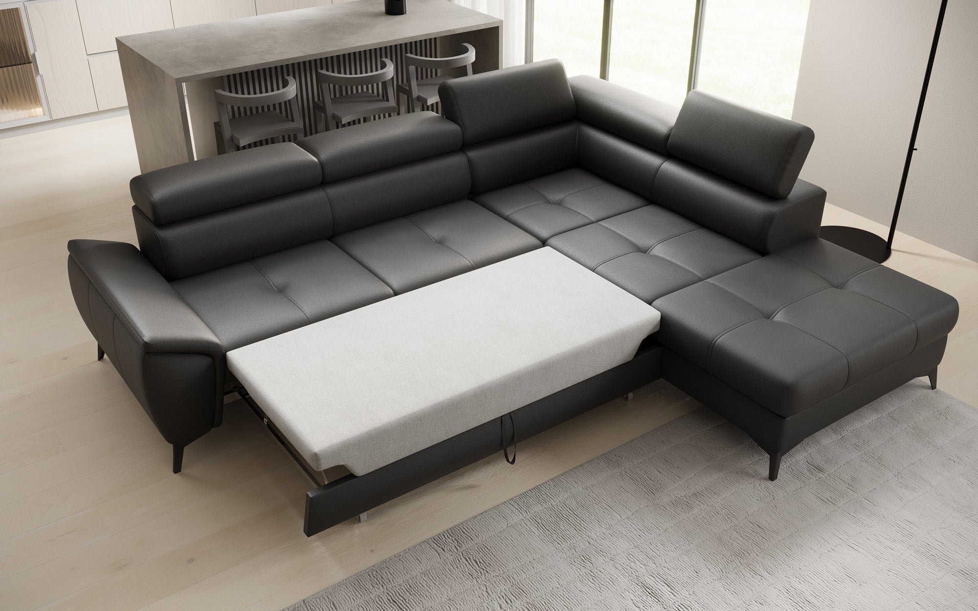 Canapé d'angle L Aveline avec fonction couchage et rangement en cuir véritable
