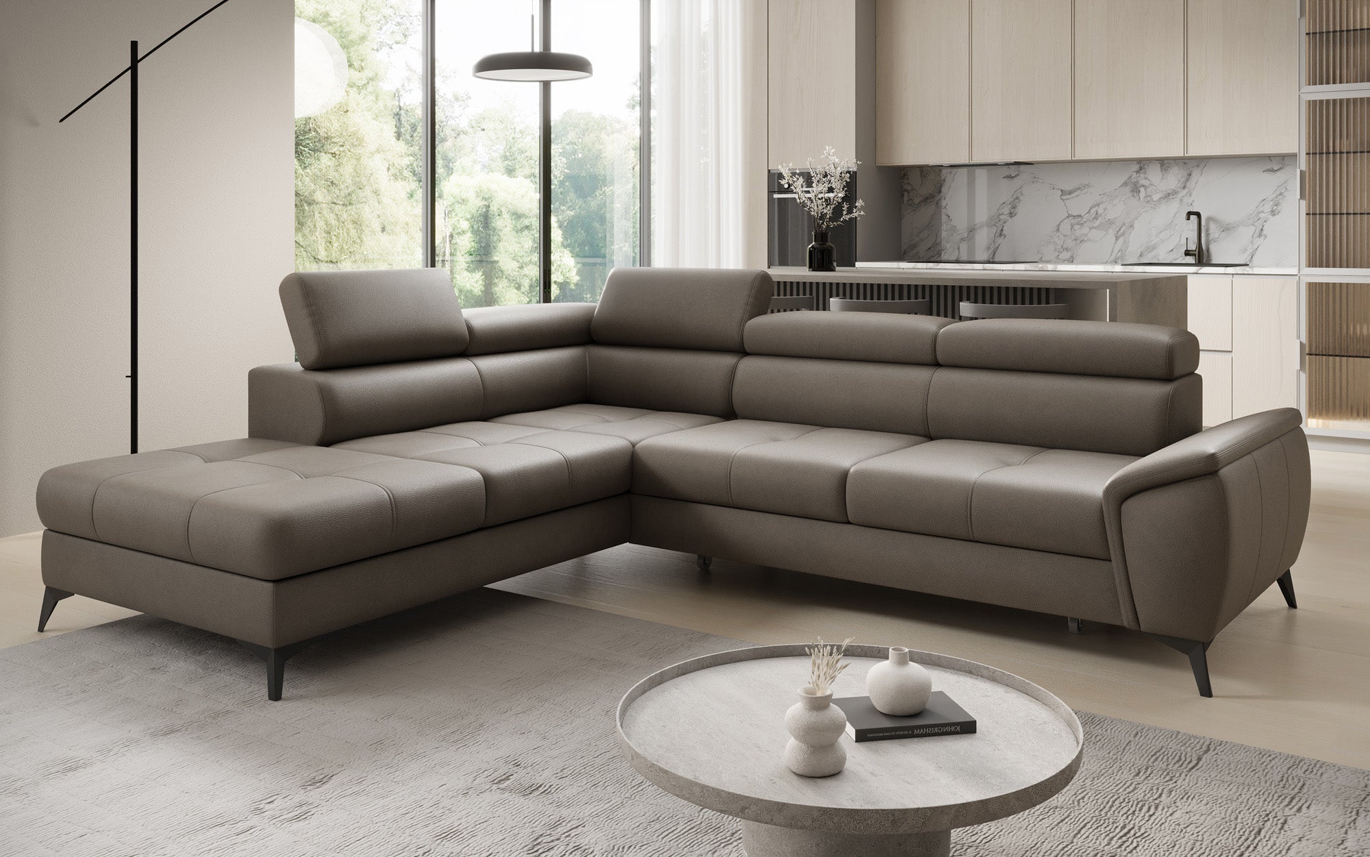Canapé d'angle L Aveline avec fonction couchage et rangement en cuir véritable
