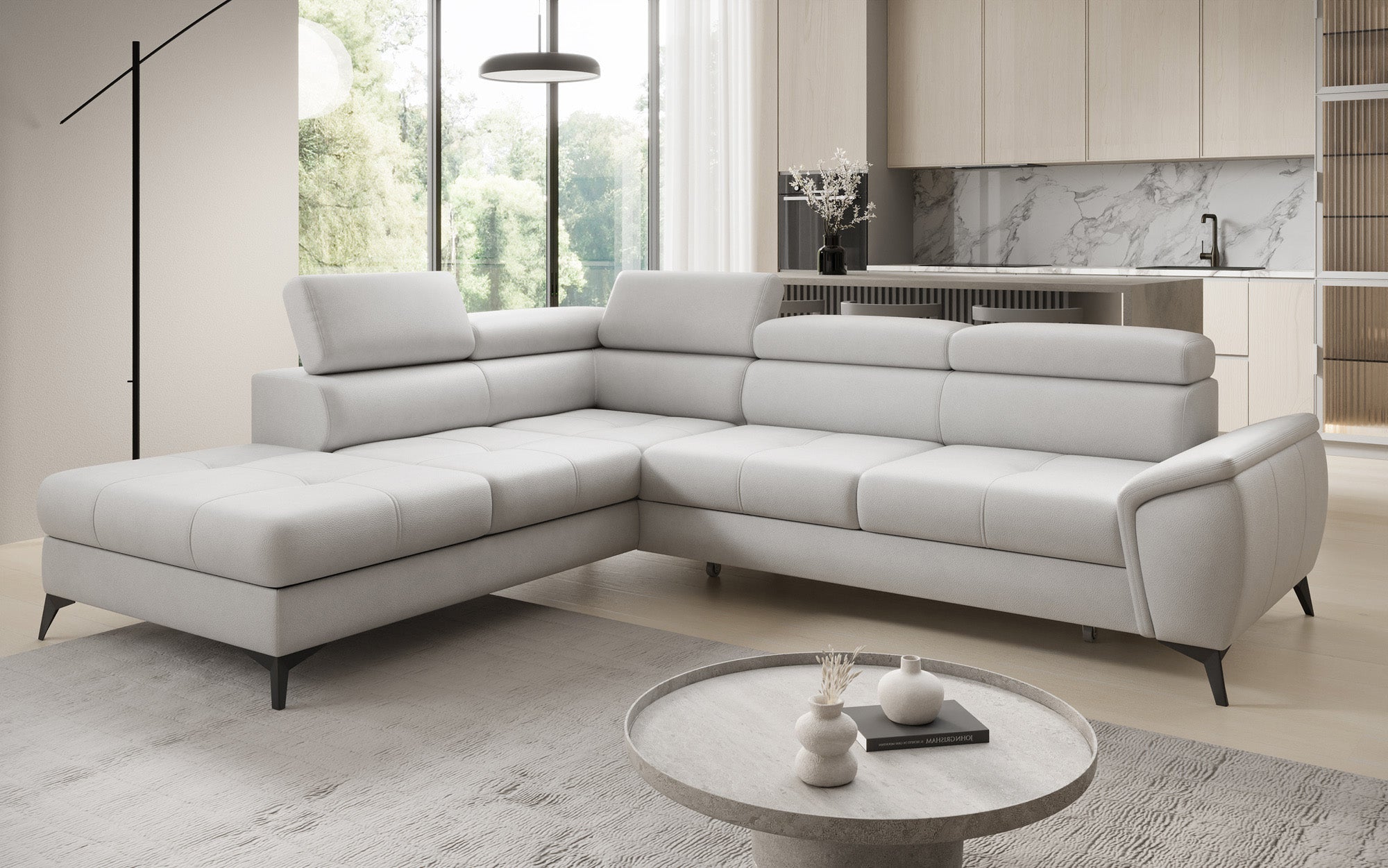 Canapé d'angle L Aveline avec fonction couchage et rangement en cuir véritable